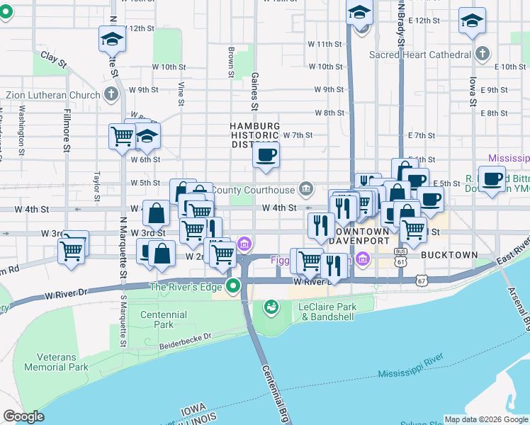 map of restaurants, bars, coffee shops, grocery stores, and more near 625 West 4th Street in Davenport