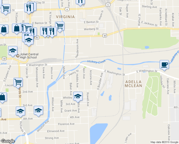 map of restaurants, bars, coffee shops, grocery stores, and more near 107 Arizona Avenue in Joliet