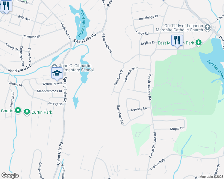 map of restaurants, bars, coffee shops, grocery stores, and more near 88 Westport Drive in Waterbury