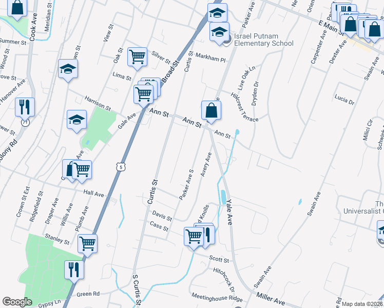 map of restaurants, bars, coffee shops, grocery stores, and more near 389 Parker Avenue South in Meriden