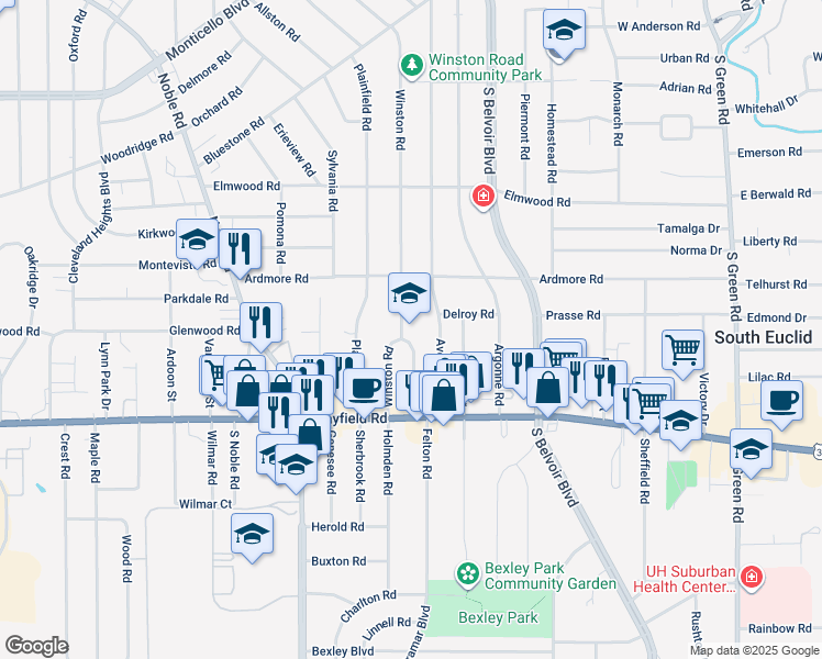 map of restaurants, bars, coffee shops, grocery stores, and more near in South Euclid