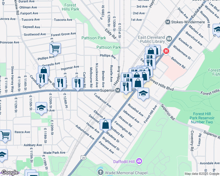 map of restaurants, bars, coffee shops, grocery stores, and more near in East Cleveland