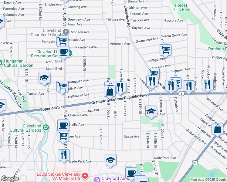 map of restaurants, bars, coffee shops, grocery stores, and more near 1269 Parkwood Drive in Cleveland