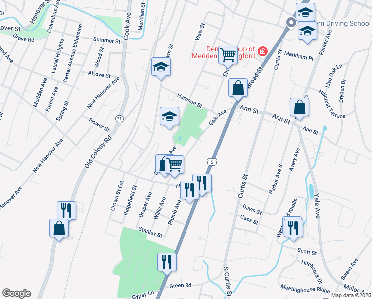 map of restaurants, bars, coffee shops, grocery stores, and more near 169 Gale Avenue in Meriden