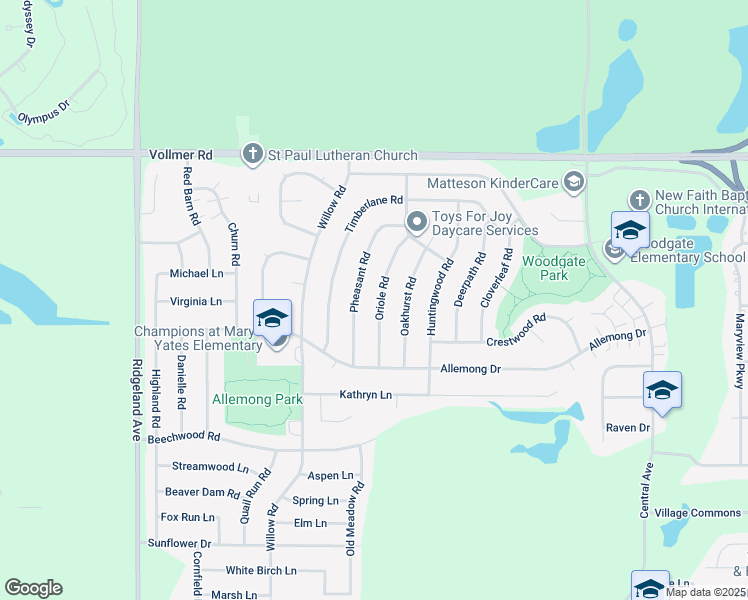 map of restaurants, bars, coffee shops, grocery stores, and more near 136 Oriole Road in Matteson