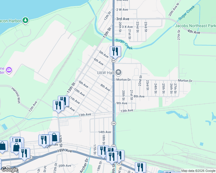 map of restaurants, bars, coffee shops, grocery stores, and more near 1553 8th Avenue in East Moline