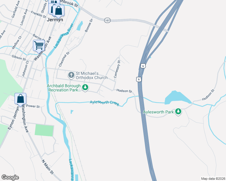 map of restaurants, bars, coffee shops, grocery stores, and more near 478 Hudson St in Jermyn