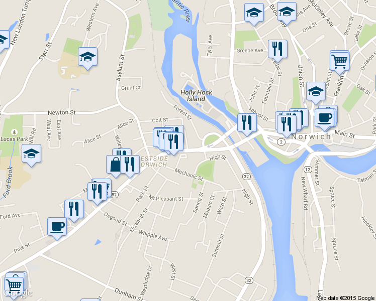 map of restaurants, bars, coffee shops, grocery stores, and more near 1 Fairmount Street in Norwich