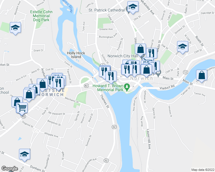 map of restaurants, bars, coffee shops, grocery stores, and more near 1-113 State Highway 32 in Norwich