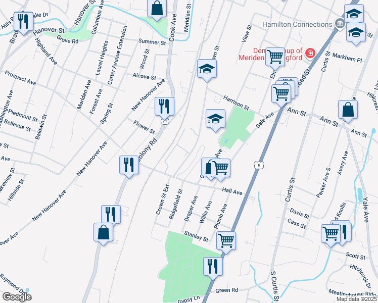 map of restaurants, bars, coffee shops, grocery stores, and more near 98 Hall Avenue in Meriden
