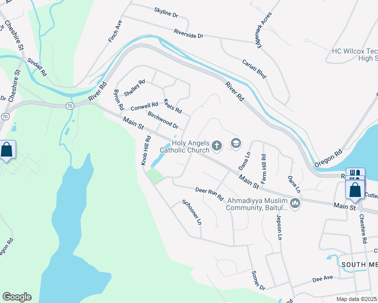 map of restaurants, bars, coffee shops, grocery stores, and more near 18 Racebrook Road in Meriden