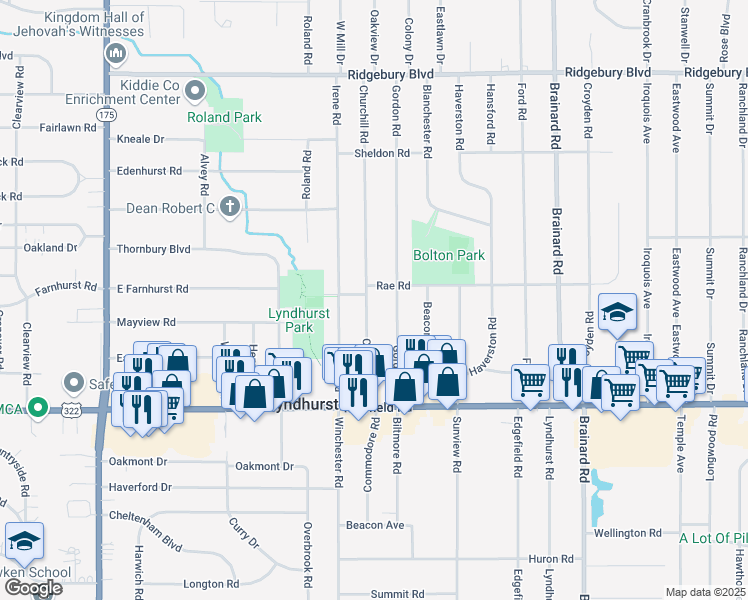 map of restaurants, bars, coffee shops, grocery stores, and more near 1356 Churchill Road in Lyndhurst