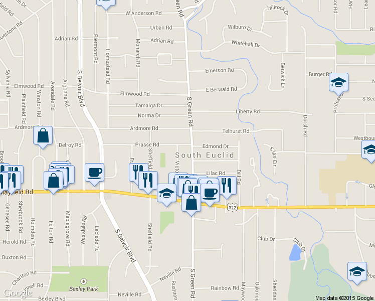 map of restaurants, bars, coffee shops, grocery stores, and more near 1355 Victory Drive in South Euclid