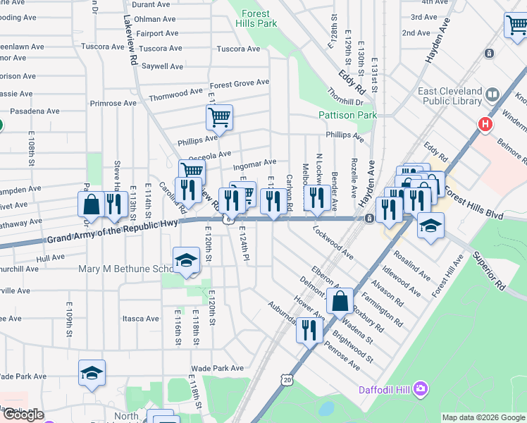 map of restaurants, bars, coffee shops, grocery stores, and more near 12424 Superior Avenue in Cleveland