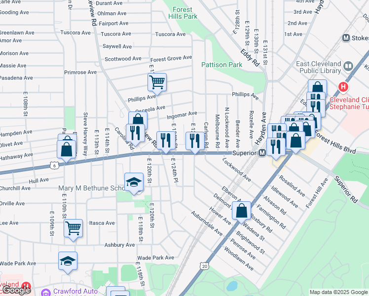 map of restaurants, bars, coffee shops, grocery stores, and more near 12424 Superior Avenue in Cleveland
