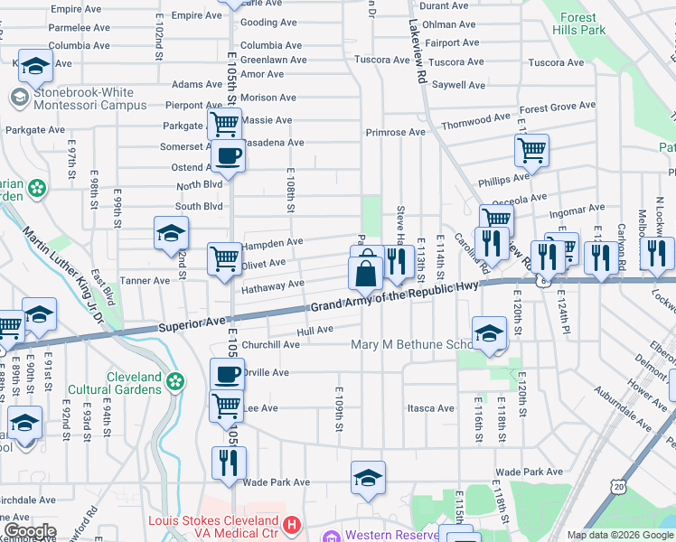 map of restaurants, bars, coffee shops, grocery stores, and more near 10904 Hathaway Avenue in Cleveland