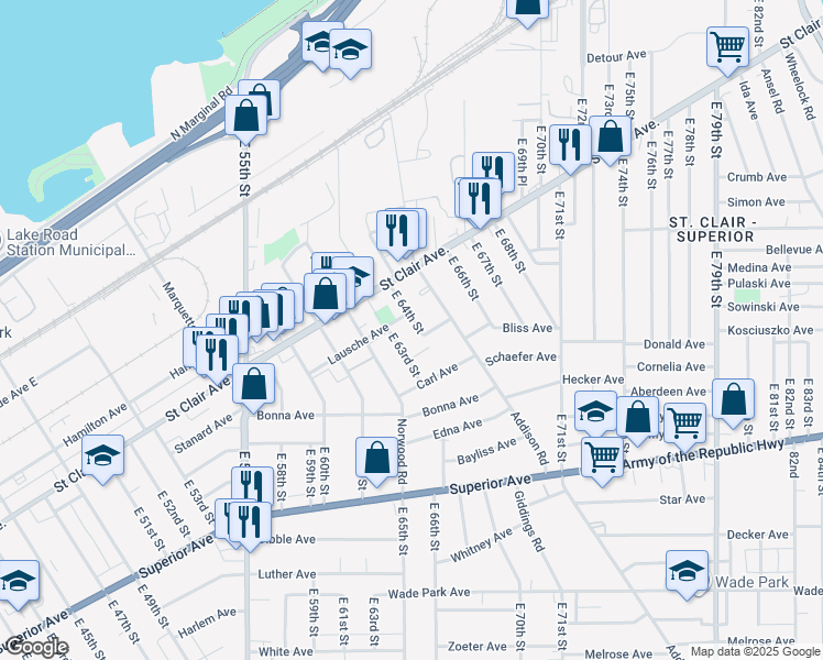 map of restaurants, bars, coffee shops, grocery stores, and more near 6321 Orton Court in Cleveland