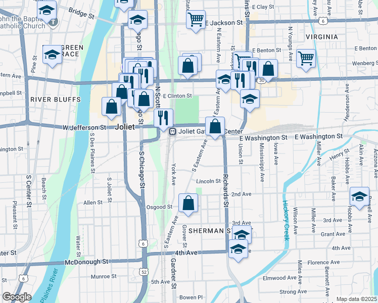 map of restaurants, bars, coffee shops, grocery stores, and more near 19 South Eastern Avenue in Joliet