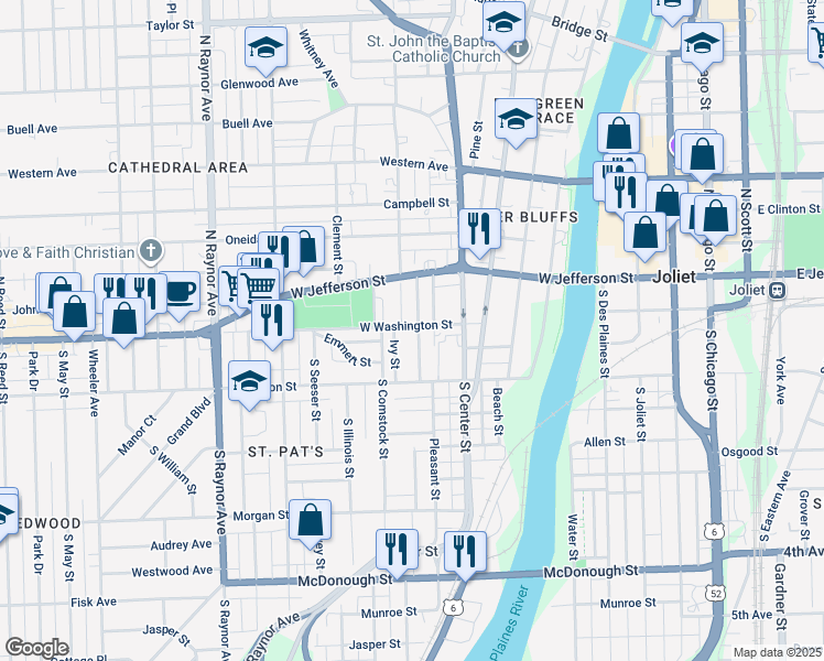 map of restaurants, bars, coffee shops, grocery stores, and more near 12 Ivy Street in Joliet