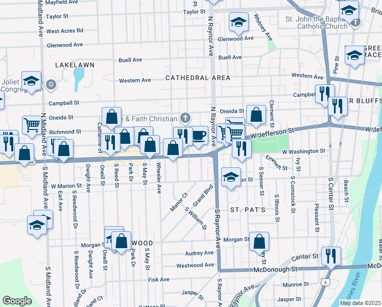 map of restaurants, bars, coffee shops, grocery stores, and more near 820 West Jefferson Street in Joliet