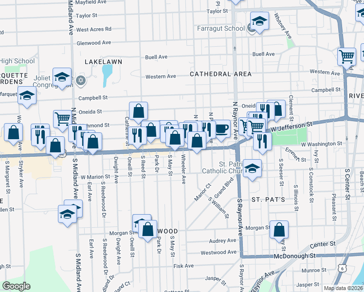 map of restaurants, bars, coffee shops, grocery stores, and more near 933 West Jefferson Street in Joliet