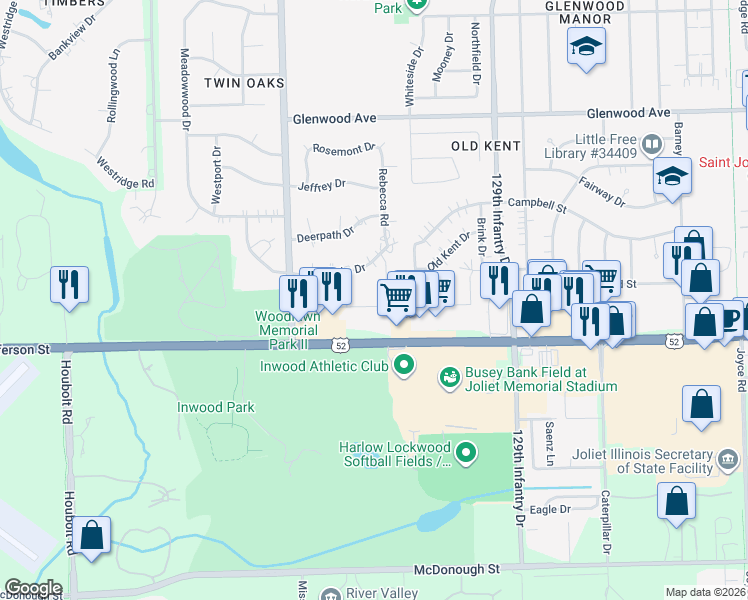 map of restaurants, bars, coffee shops, grocery stores, and more near 3033 West Jefferson Street in Joliet