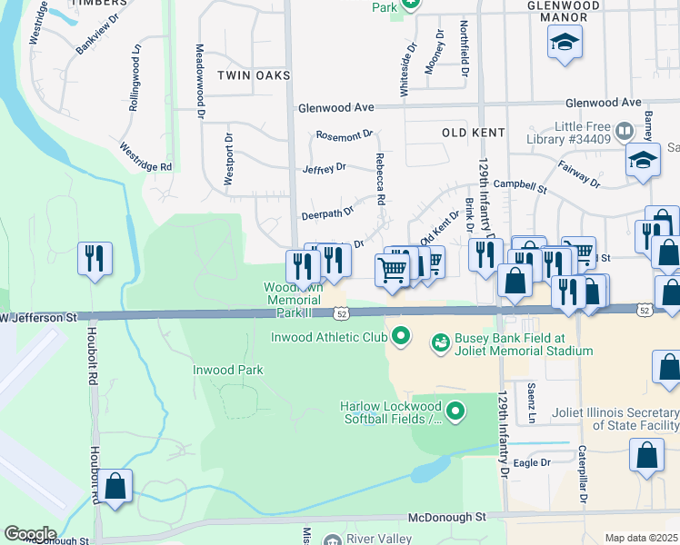 map of restaurants, bars, coffee shops, grocery stores, and more near 3101 West Jefferson Street in Joliet