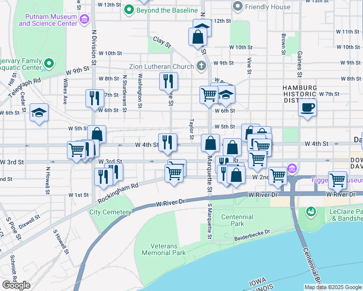 map of restaurants, bars, coffee shops, grocery stores, and more near 321 Fillmore Street in Davenport