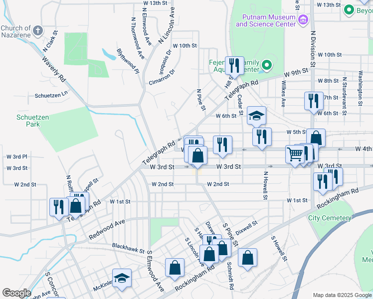 map of restaurants, bars, coffee shops, grocery stores, and more near 2215 West 4th Street in Davenport
