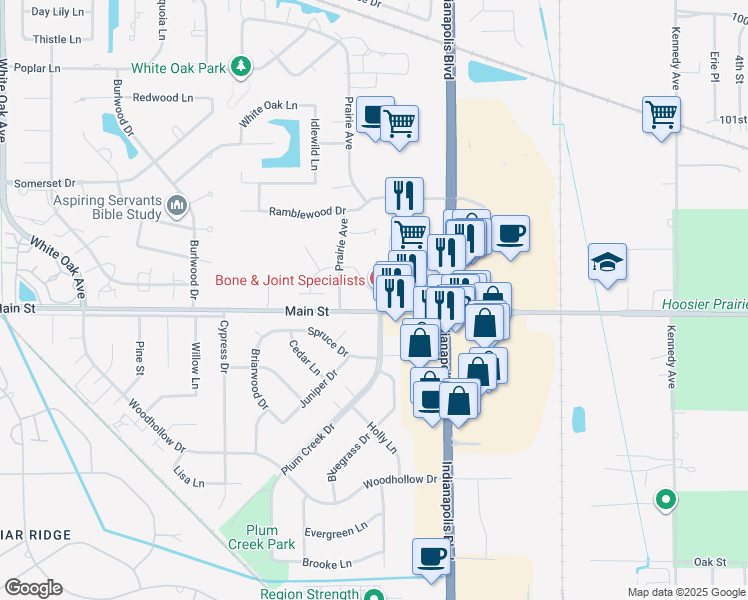 map of restaurants, bars, coffee shops, grocery stores, and more near 2211 Main Street in Highland