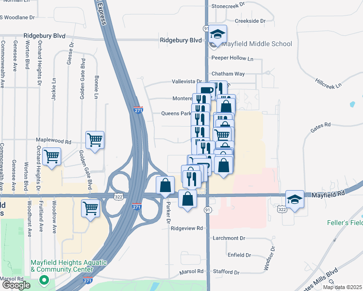 map of restaurants, bars, coffee shops, grocery stores, and more near 24 Maplewood Road in Mayfield Heights