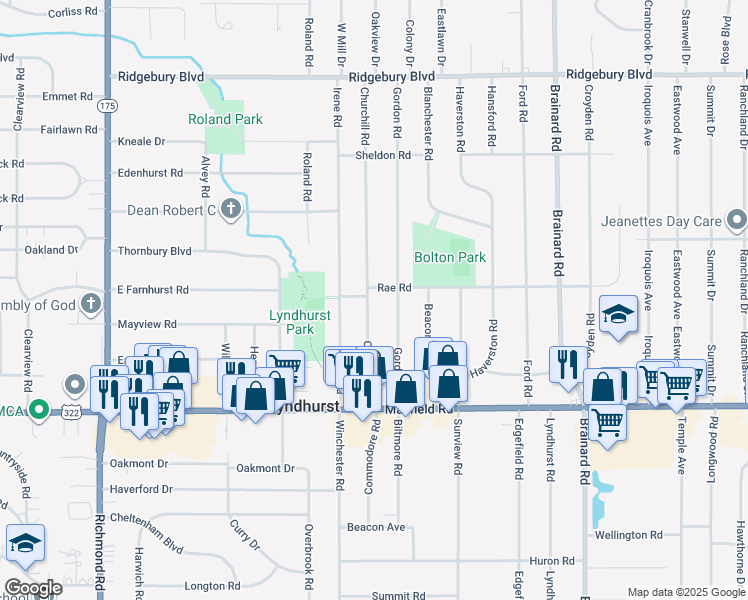 map of restaurants, bars, coffee shops, grocery stores, and more near 1356 Churchill Road in Lyndhurst