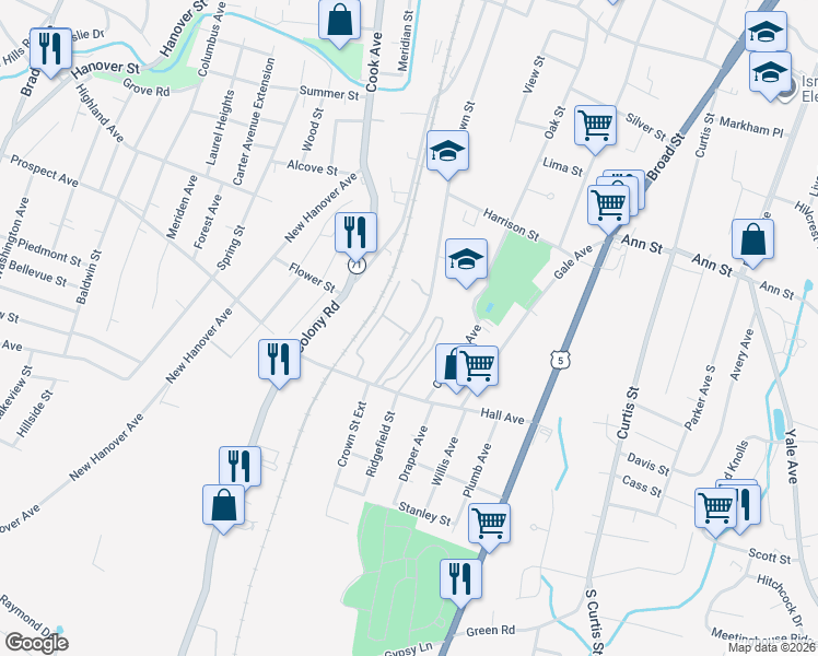 map of restaurants, bars, coffee shops, grocery stores, and more near 98 Hall Avenue in Meriden