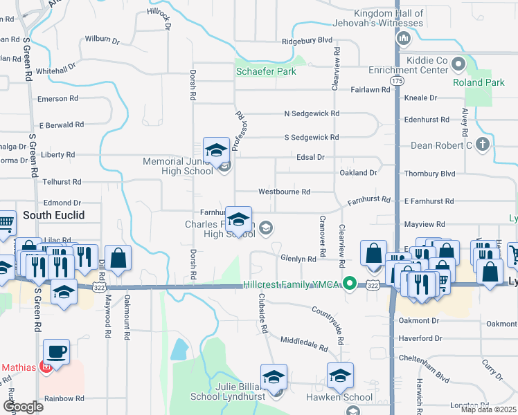 map of restaurants, bars, coffee shops, grocery stores, and more near 4833 Farnhurst Road in Lyndhurst