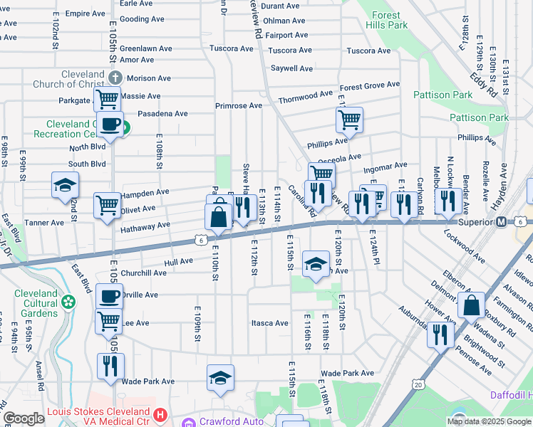 map of restaurants, bars, coffee shops, grocery stores, and more near 11332 Superior Avenue in Cleveland