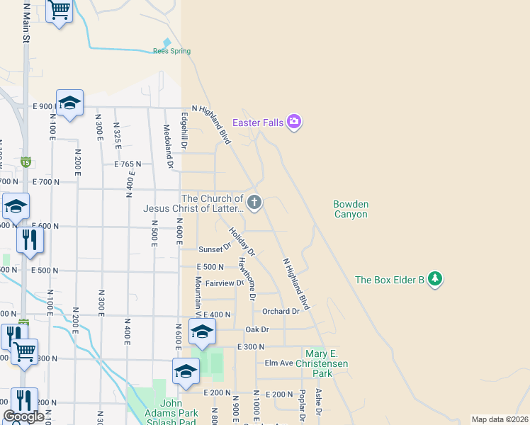 map of restaurants, bars, coffee shops, grocery stores, and more near 645 North Highland Boulevard in Brigham City
