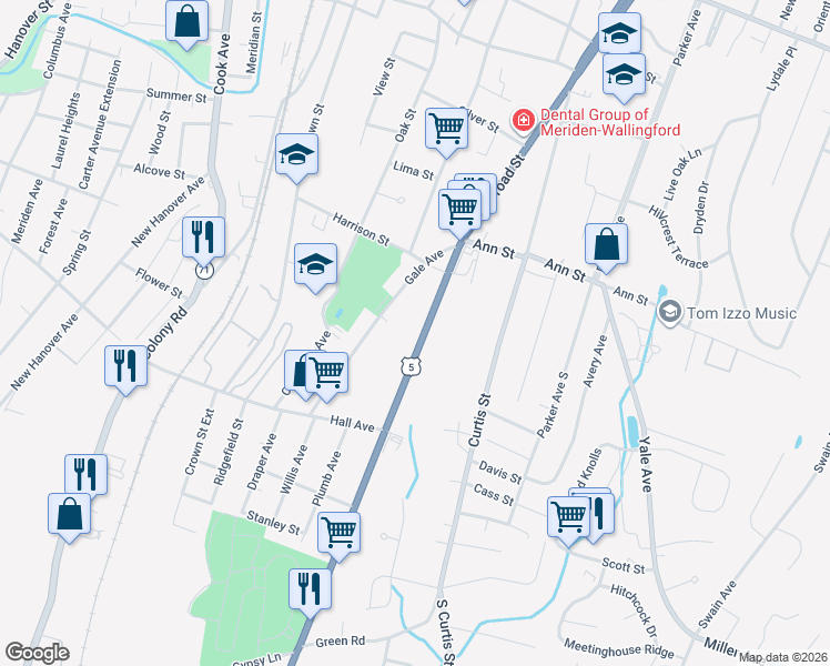 map of restaurants, bars, coffee shops, grocery stores, and more near 46 U.S. 5 in Meriden