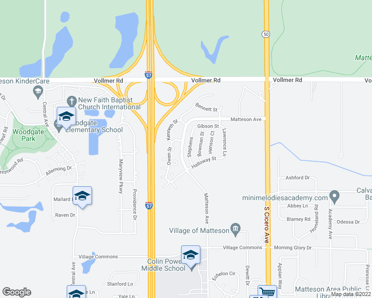 map of restaurants, bars, coffee shops, grocery stores, and more near 154 Bowman Street in Matteson