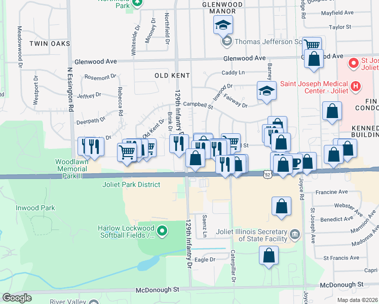 map of restaurants, bars, coffee shops, grocery stores, and more near 15 Fairlane Drive in Joliet