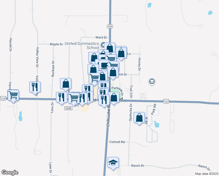 map of restaurants, bars, coffee shops, grocery stores, and more near 12692 Chillicothe Road in Chesterland