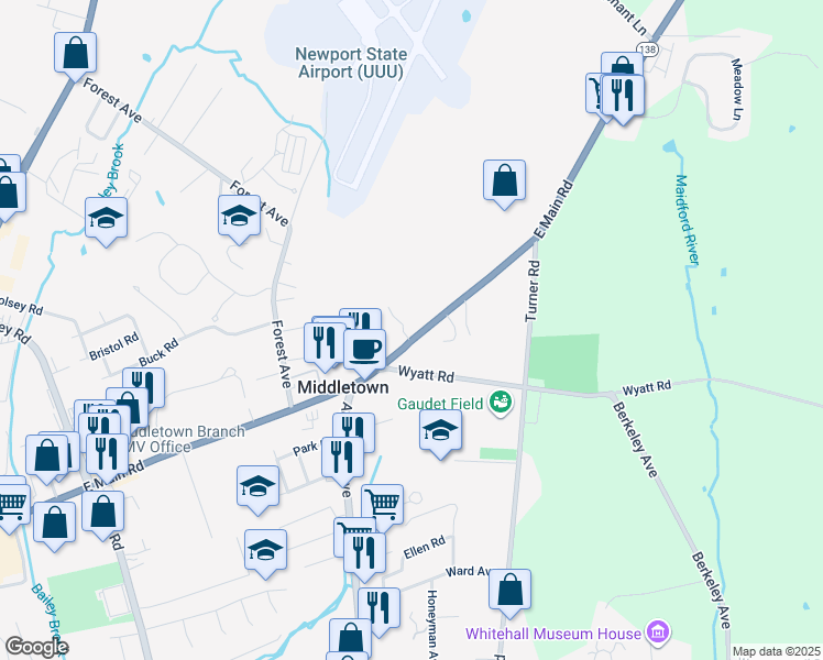 map of restaurants, bars, coffee shops, grocery stores, and more near 576 East Main Road in Middletown