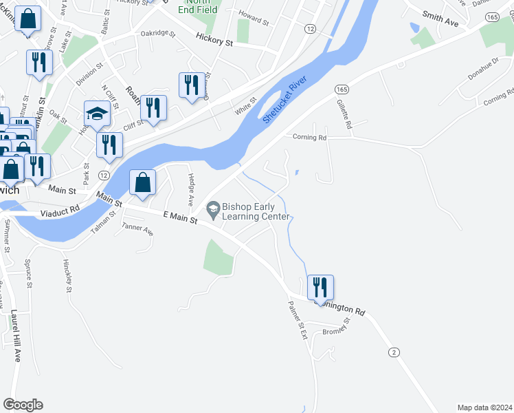 map of restaurants, bars, coffee shops, grocery stores, and more near 32 Carter Avenue in Norwich
