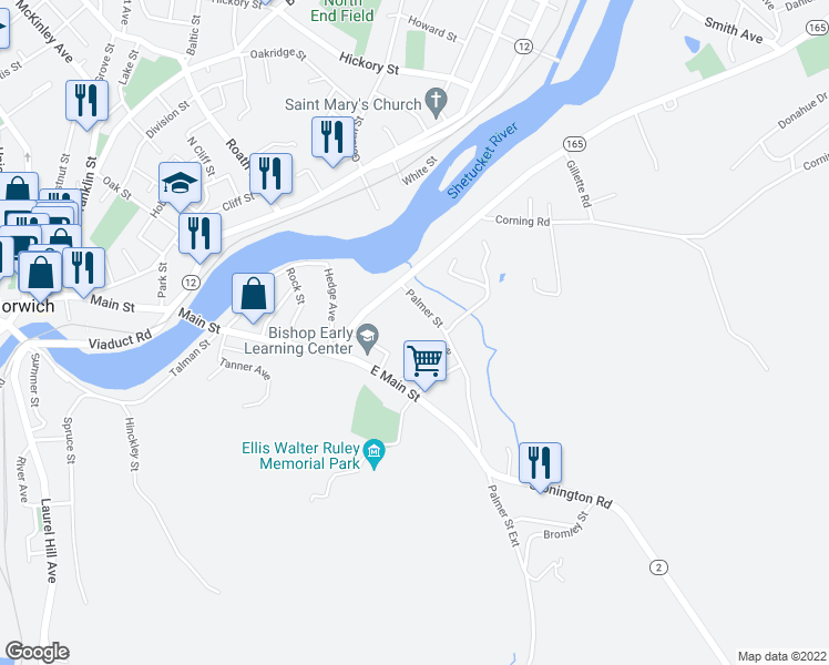 map of restaurants, bars, coffee shops, grocery stores, and more near 32 Carter Avenue in Norwich