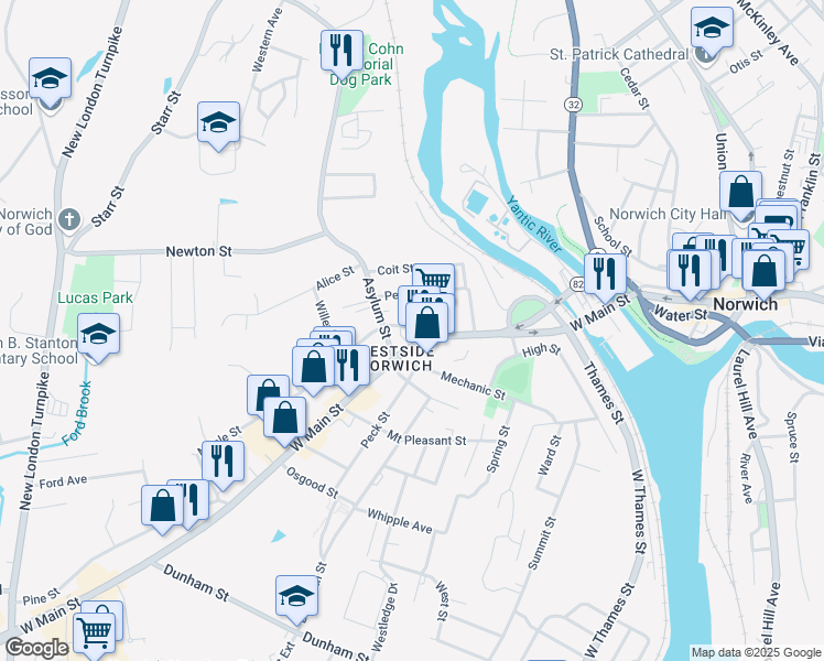 map of restaurants, bars, coffee shops, grocery stores, and more near in Norwich