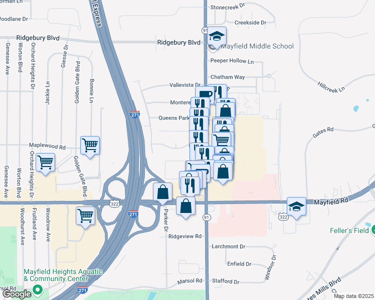 map of restaurants, bars, coffee shops, grocery stores, and more near 24 Maplewood Road in Mayfield Heights