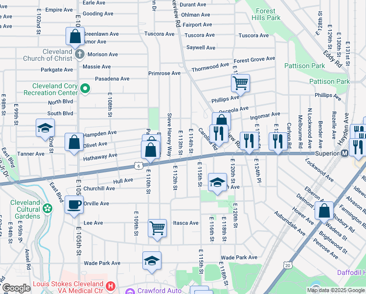 map of restaurants, bars, coffee shops, grocery stores, and more near 11332 Superior Avenue in Cleveland