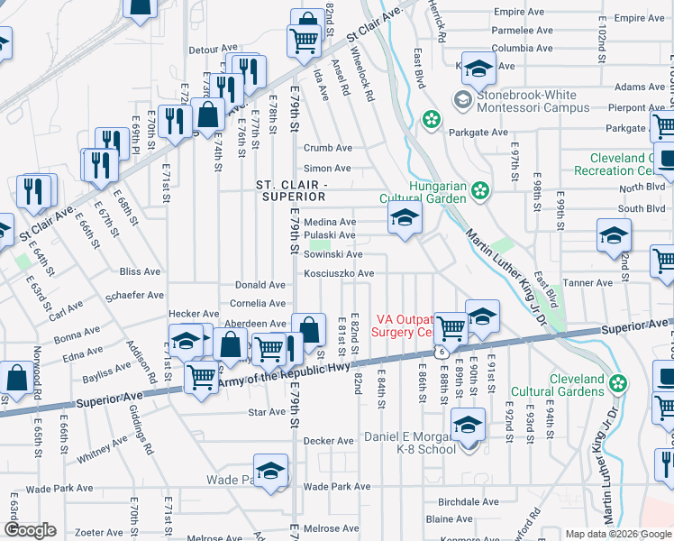 map of restaurants, bars, coffee shops, grocery stores, and more near 1180 East 81st Street in Cleveland