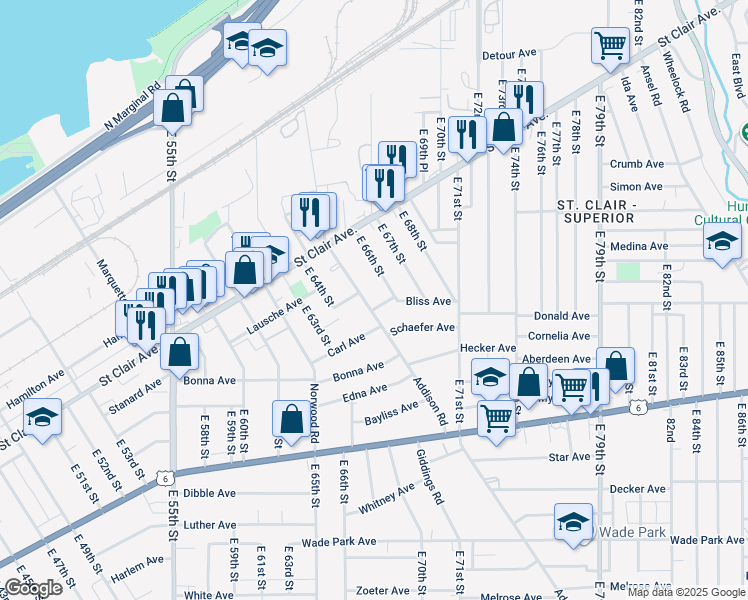 map of restaurants, bars, coffee shops, grocery stores, and more near 1116 Addison Road in Cleveland