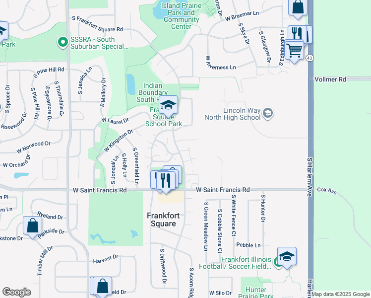 map of restaurants, bars, coffee shops, grocery stores, and more near 20164 South Frankfort Square Road in Frankfort