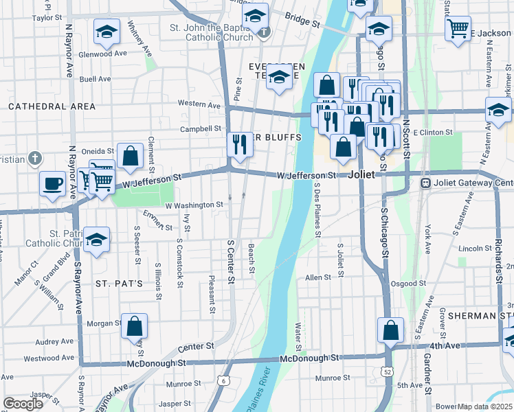 map of restaurants, bars, coffee shops, grocery stores, and more near 2 North Broadway Street in Joliet